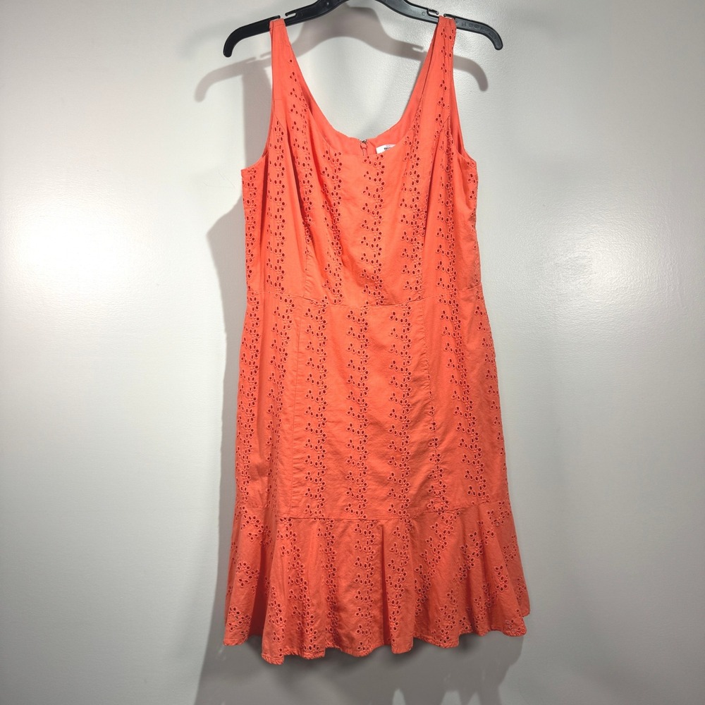 White House Black Market Coral Orange Cotton Eyelet Ruffle Hem Dress Womens 12